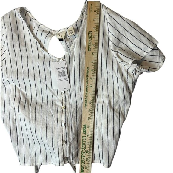 Roxy Shirt Women's XS White Stripe Short Sleeve Button Up Open Back Tie Beachy - Picture 8 of 9